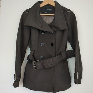 Zara Short Trench Coat Women's Large Black Belted Lapels Military Goth Biker
